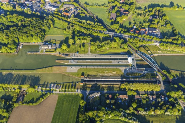 Aerial view, Münster lock, Dortmund-Ems Canal, Münster, Münsterland, North Rhine-Westphalia, Germany, DE, Europe, canal bridge, aerial view, aerial photography, aerial photography, Schiffahrter Damm, shipping, sight, overview, bird's-eye view, overview