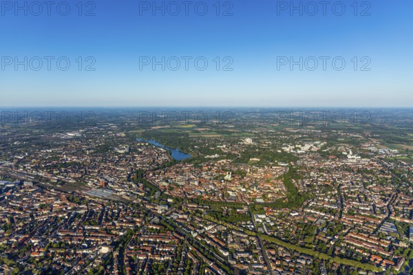 Aerial view, Old Town, Promenadenring, St Paul's Cathedral, Cathedral SquarePaulus-Dom, Domplatz, catholic Liebfrauen-Überwasserkirche, catholic St. Lamberti-Kirche, St. Martini-Kirche, Münster theatre, Aasee, Münster main railway station, Münster, Münsterland, North Rhine-Westphalia, Germany, old town area, place of worship, railway tracks, railway station, DE, Deutsche Bahn AG, Europe, distant view, Münstersche Aa river, religious community, place of worship, property tax, main railway station, main station, real estate, church, parish, denomination, culture, art, aerial view, aerial photography, aerial photography, religion, lake, reservoir, theatre, overview, events, bird's-eye view, housing estate, living and working, living and life, residential area, residential buildings, housing estate, birds-eyes view, historic city centre, historic city centre, overview