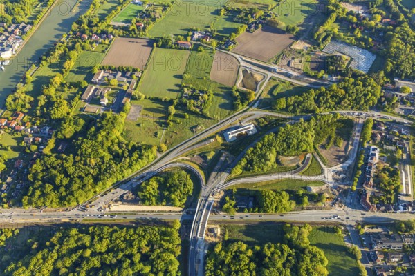 Aerial photo, new bridge construction, expansion of federal road B51, new construction of federal road B481n, south-east bypass, Münster road maintenance depot, Dortmund-Ems canal, Münster, Münsterland, North Rhine-Westphalia, Germany, construction work, construction area, construction site, construction measure, construction project, construction site, DE, Europe, canal, aerial photo, aerial photography, aerial photography, new construction, road traffic, overview, traffic volume, bird's eye view, bird's eye view, overview
