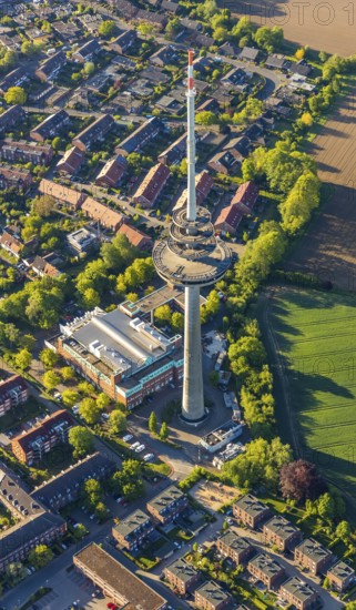 Aerial photograph, telecommunications tower Münster, T-Systems International GmbH, residential area Am Lohausbach, Münster, Münsterland, North Rhine-Westphalia, Germany, DE, Europe, telecommunications tower, television tower, property tax, real estate, aerial photograph, aerial photography, aerial photography, Radbodstraße, broadcasting station, overview, bird's-eye view, residential area, residential buildings, quality of living, residential neighbourhood, housing estate, birds-eyes view, overview