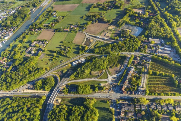 Aerial photo, new bridge construction, expansion of federal road B51, new construction of federal road B481n, south-east bypass, Münster road maintenance depot, Dortmund-Ems canal, Münster, Münsterland, North Rhine-Westphalia, Germany, construction work, construction area, construction site, construction measure, construction project, construction site, DE, Europe, canal, aerial photo, aerial photography, aerial photography, new construction, road traffic, overview, traffic volume, bird's eye view, bird's eye view, overview