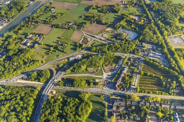 Aerial photo, new bridge construction, expansion of federal road B51, new construction of federal road B481n, south-east bypass, Münster road maintenance depot, Dortmund-Ems canal, Münster, Münsterland, North Rhine-Westphalia, Germany, construction work, construction area, construction site, construction measure, construction project, construction site, DE, Europe, canal, aerial photo, aerial photography, aerial photography, new construction, road traffic, overview, traffic volume, bird's eye view, bird's eye view, overview