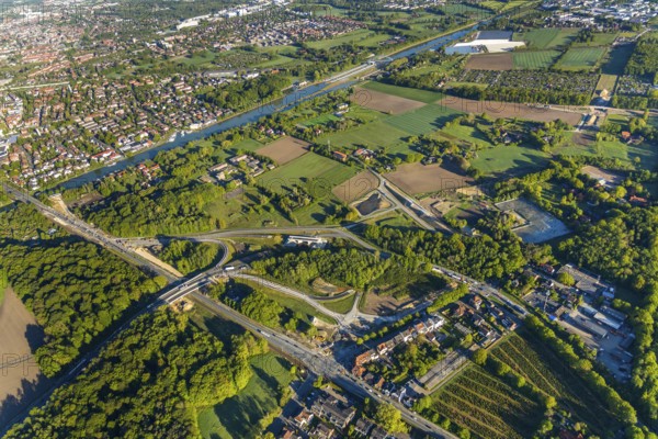 Aerial photo, new bridge construction, expansion of federal road B51, new construction of federal road B481n, south-east bypass, Münster road maintenance depot, Dortmund-Ems canal, Münster, Münsterland, North Rhine-Westphalia, Germany, construction work, construction area, construction site, construction measure, construction project, construction site, DE, Europe, canal, aerial photo, aerial photography, aerial photography, new construction, road traffic, overview, traffic volume, bird's eye view, bird's eye view, overview