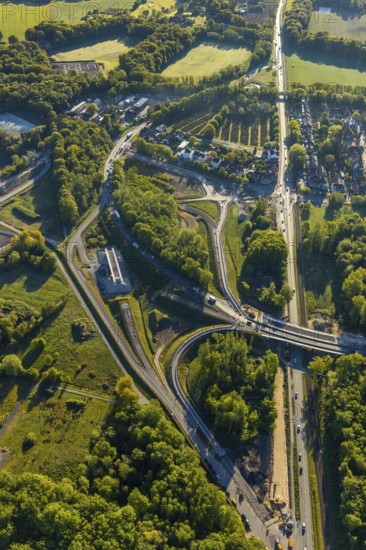 Aerial photo, new bridge construction, expansion of federal road B51, new construction of federal road B481n, south-east bypass, Münster road maintenance depot, Münster, Münsterland, North Rhine-Westphalia, Germany, construction work, construction area, construction site, construction project, construction site, DE, Europe, canal, aerial photo, aerial photography, aerial photography, new construction, road traffic, overview, traffic volume, bird's eye view, bird's eye view, overview