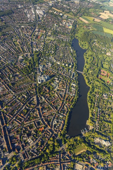 Aerial view, Aasee, Allwetterzoo, river Münstersche Aa, Münster, Münsterland, North Rhine-Westphalia, Germany, DE, Europe, football pitch, football stadium, aerial view, aerial photography, aerial photography, lake, Sentruper Höhe sports field, sports, sports facilities, sports park Sentruper Höhe, sports field, sports facility, reservoir, overview, bird's-eye view, zoo, birds-eyes view, overview