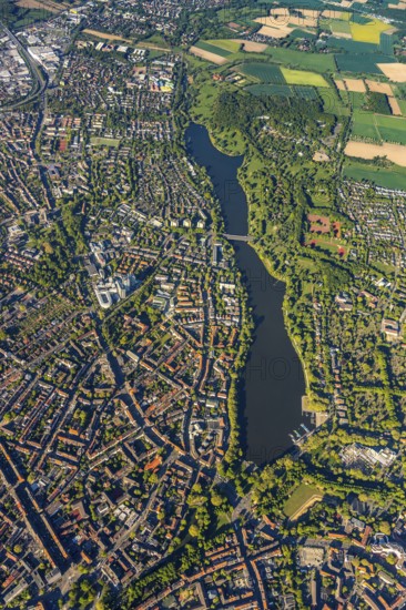 Aerial view, Aasee, Allwetterzoo, river Münstersche Aa, Münster, Münsterland, North Rhine-Westphalia, Germany, DE, Europe, football pitch, football stadium, aerial view, aerial photography, aerial photography, lake, Sentruper Höhe sports field, sports, sports facilities, sports park Sentruper Höhe, sports field, sports facility, reservoir, overview, bird's-eye view, zoo, birds-eyes view, overview