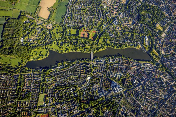 Aerial view, Aasee, Allwetterzoo, river Münstersche Aa, Münster, Münsterland, North Rhine-Westphalia, Germany, DE, Europe, football pitch, football stadium, aerial view, aerial photography, aerial photography, lake, Sentruper Höhe sports field, sports, sports facilities, sports park Sentruper Höhe, sports field, sports facility, reservoir, overview, bird's-eye view, zoo, birds-eyes view, overview
