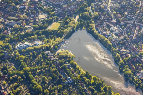 Aerial photo, Aasee, Allwetterzoo, river Münstersche Aa, LBS Westdeutsche Landesbausparkasse, Münster, Münsterland, North Rhine-Westphalia, Germany, AASEE-AKTIV boat hire, DE, Europe, football pitch, football stadium, Himmelreichallee, aerial photo, aerial photography, aerial photography, lake, Sentruper Höhe sports field, sport, sports facilities, Sentruper Höhe sports park, sports field, sports facility, reservoir, overview, bird's-eye view, zoo, birds-eyes view, overview