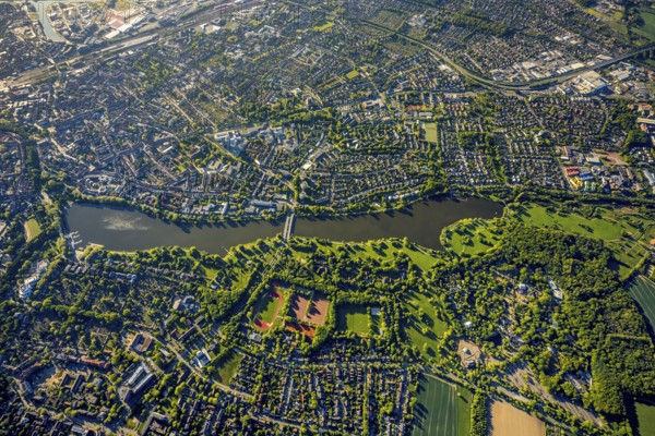 Aerial view, Aasee, Allwetterzoo, river Münstersche Aa, Münster, Münsterland, North Rhine-Westphalia, Germany, DE, Europe, football pitch, football stadium, aerial view, aerial photography, aerial photography, lake, Sentruper Höhe sports field, sports, sports facilities, sports park Sentruper Höhe, sports field, sports facility, reservoir, overview, bird's-eye view, zoo, birds-eyes view, overview