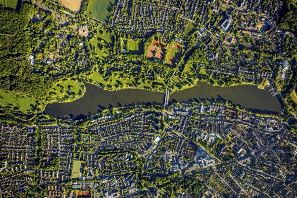 Aerial view, Aasee, Allwetterzoo, river Münstersche Aa, Münster, Münsterland, North Rhine-Westphalia, Germany, DE, Europe, football pitch, football stadium, aerial view, aerial photography, aerial photography, lake, Sentruper Höhe sports field, sports, sports facilities, sports park Sentruper Höhe, sports field, sports facility, reservoir, overview, bird's-eye view, zoo, birds-eyes view, overview