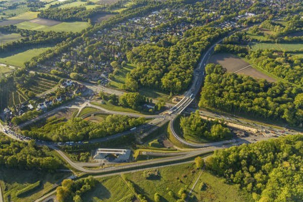 Aerial photo, new bridge construction, expansion of federal road B51, new construction of federal road B481n, south-east bypass, Münster road maintenance depot, Münster, Münsterland, North Rhine-Westphalia, Germany, construction work, construction area, construction site, construction project, construction site, DE, Europe, canal, aerial photo, aerial photography, aerial photography, new construction, road traffic, overview, traffic volume, bird's eye view, bird's eye view, overview