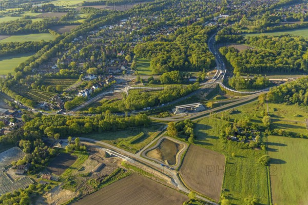 Aerial view, new bridge construction, expansion of federal road B51, new construction of federal road B481n, south-east bypass, Münster road maintenance depot, Münster, Münsterland, North Rhine-Westphalia, Germany, construction work, construction area, construction site, construction project, construction site, DE, Europe, canal, aerial view, aerial photography, aerial photography, new construction, road traffic, overview, traffic volume, bird's-eye view, overview