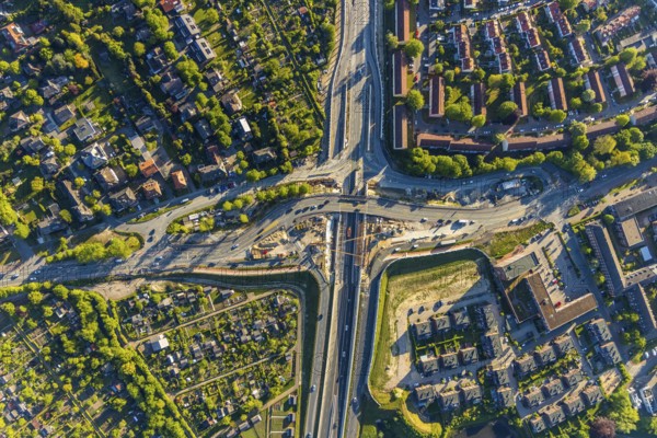 Aerial view, construction site road junction federal road B51, Wolbecker Straße, Münster, Münsterland, North Rhine-Westphalia, Germany, construction work, construction area, construction site, construction project, construction site, bridge, DE, Europe, aerial view, aerial photography, aerial photography, overview, bird's-eye view, overview
