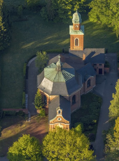 Aerial view, catholic Dyckburg church, Münster, Münsterland, North Rhine-Westphalia, Germany, place of worship, DE, Europe, religious community, place of worship, church, parish, denomination, aerial view, aerial photography, aerial photography, religion, overview, bird's-eye view, forest area, birds-eyes view, overview