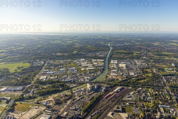 Aerial view, industrial area Loddenheide, Dortmund-Ems-Canal, euro-Express Sonderzüege GmbH, Münster, Münsterland, North Rhine-Westphalia, Germany, railway area, railway tracks, railway station, DE, Europe, commercial enterprises, commercial area, commercial area, commercial location, commercial use, industrial plants, industrial area, industrial location, aerial view, aerial photography, aerial photography, overview, bird's-eye view, overview