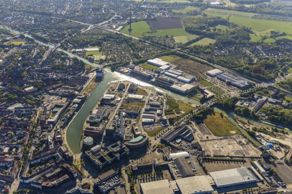 Aerial view, city harbour, Stadtwerke Münster, Münster, Münsterland, North Rhine-Westphalia, Germany, DE, Europe, commercial enterprises, commercial area, commercial location, commercial use, harbour, harbour basin, harbour area, harbour entrance, harbour overview, industrial facilities, industrial area, industrial location, Jovel Music Hall, aerial view, aerial photography, aerial photography, overview, event location, event venue, bird's eye view, bird's eye view, overview