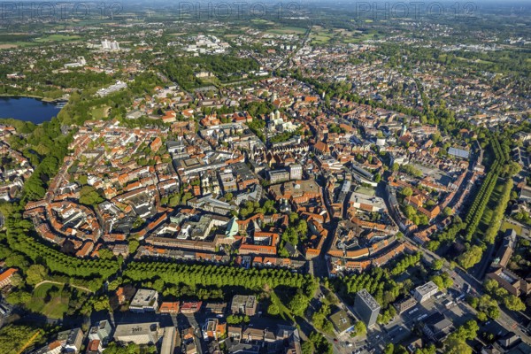 Aerial view, Old Town, Promenadenring, St Paul's Cathedral, Cathedral SquarePaulus-Dom, Domplatz, catholic Liebfrauen-Überwasserkirche, catholic St. Lamberti-Kirche, St. Martini-Kirche, Theater Münster, Münster, Münsterland, North Rhine-Westphalia, Germany, place of worship, DE, Europe, distant view, religious community, house of worship, property tax, real estate, church, church community, denomination, culture, art, aerial view, aerial photography, aerial photography, religion, theatre, overview, events, bird's eye view, residential area, living and working, living and life, residential area, residential buildings, housing estate, birds-eyes view, historic city centre, historic city centre, overview