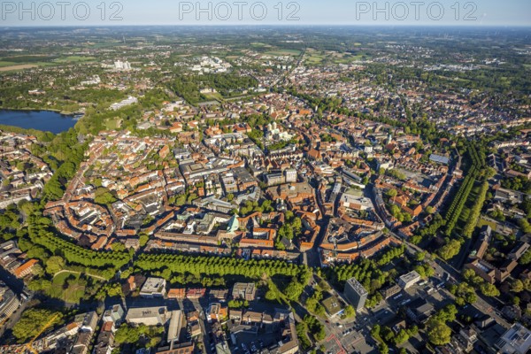 Aerial view, Old Town, Promenadenring, St Paul's Cathedral, Cathedral SquarePaulus-Dom, Domplatz, catholic Liebfrauen-Überwasserkirche, catholic St. Lamberti-Kirche, St. Martini-Kirche, Theater Münster, Münster, Münsterland, North Rhine-Westphalia, Germany, place of worship, DE, Europe, distant view, religious community, house of worship, property tax, real estate, church, church community, denomination, culture, art, aerial view, aerial photography, aerial photography, religion, theatre, overview, events, bird's eye view, residential area, living and working, living and life, residential area, residential buildings, housing estate, birds-eyes view, historic city centre, historic city centre, overview