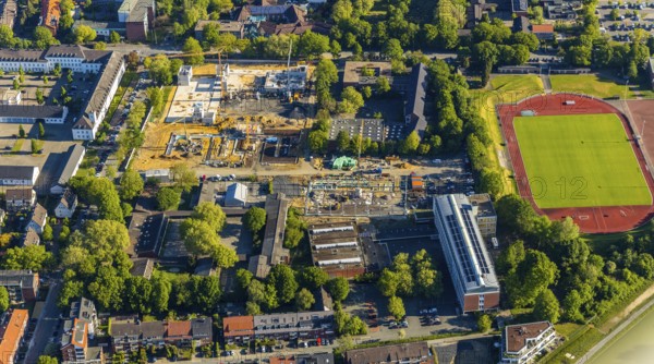 Aerial photo, construction site, new Mathilde-Anneke comprehensive school, sports field, sports club Münster 08, Hans-Böckler-Berufskolleg, Münster, Münsterland, North Rhine-Westphalia, Germany, Albert-Schweitzer-Schule Münster, construction, construction area, construction site, construction project, construction site, education, educational institution, DE, Europe, football pitch, football stadium, football club, comprehensive school, educational institute, aerial view, aerial photography, aerial photography, new building, school, sports, sports facilities, sports field, sports facility, overview, bird's-eye view, overview