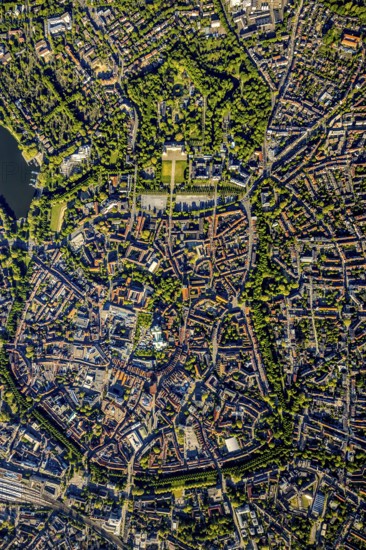 Aerial view, Old Town, Promenadenring, St Paul's Cathedral, Cathedral SquarePaulus-Dom, Domplatz, catholic Liebfrauen-Überwasserkirche, catholic St. Lamberti-Kirche, St. Martini Church, Münster Theatre, Münster Central Station, Münster, Münsterland, North Rhine-Westphalia, Germany, old town area, place of worship, railway tracks, railway station, DE, Deutsche Bahn AG, Europe, religious community, place of worship, property tax, central station, main station, real estate, church, parish, denomination, culture, art, aerial view, aerial photography, aerial photography, religion, theatre, overview, events, bird's-eye view, residential area, living and working, living and life, residential area, residential buildings, housing estate, birds-eyes view, historic city centre, historic city centre, overview