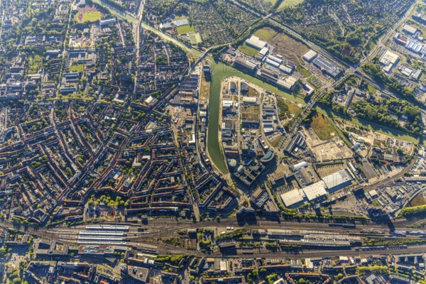 Aerial view, city harbour, Stadtwerke Münster, Münster, Münsterland, North Rhine-Westphalia, Germany, DE, Europe, commercial enterprises, commercial area, commercial location, commercial use, harbour, harbour basin, harbour area, harbour entrance, harbour overview, industrial facilities, industrial area, industrial location, Jovel Music Hall, aerial view, aerial photography, aerial photography, overview, event location, event venue, bird's eye view, bird's eye view, overview