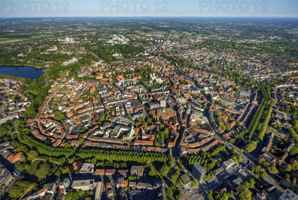 Aerial view, Old Town, Promenadenring, St Paul's Cathedral, Cathedral SquarePaulus-Dom, Domplatz, catholic Liebfrauen-Überwasserkirche, catholic St. Lamberti-Kirche, St. Martini-Kirche, Theater Münster, Münster, Münsterland, North Rhine-Westphalia, Germany, place of worship, DE, Europe, distant view, religious community, house of worship, property tax, real estate, church, church community, denomination, culture, art, aerial view, aerial photography, aerial photography, religion, theatre, overview, events, bird's eye view, residential area, living and working, living and life, residential area, residential buildings, housing estate, birds-eyes view, historic city centre, historic city centre, overview