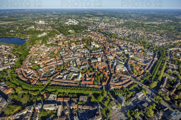 Aerial view, Old Town, Promenadenring, St Paul's Cathedral, Cathedral SquarePaulus-Dom, Domplatz, catholic Liebfrauen-Überwasserkirche, catholic St. Lamberti-Kirche, St. Martini-Kirche, Theater Münster, Münster, Münsterland, North Rhine-Westphalia, Germany, place of worship, DE, Europe, distant view, religious community, house of worship, property tax, real estate, church, church community, denomination, culture, art, aerial view, aerial photography, aerial photography, religion, theatre, overview, events, bird's eye view, residential area, living and working, living and life, residential area, residential buildings, housing estate, birds-eyes view, historic city centre, historic city centre, overview