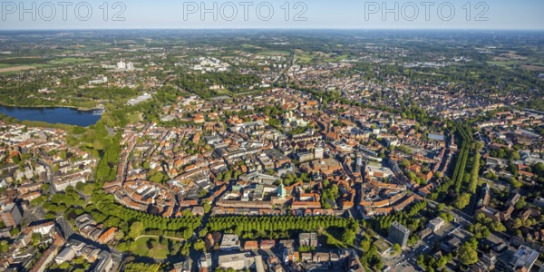 Aerial view, Old Town, Promenadenring, St Paul's Cathedral, Cathedral SquarePaulus-Dom, Domplatz, catholic Liebfrauen-Überwasserkirche, catholic St. Lamberti-Kirche, St. Martini-Kirche, Theater Münster, Münster, Münsterland, North Rhine-Westphalia, Germany, place of worship, DE, Europe, distant view, religious community, house of worship, property tax, real estate, church, church community, denomination, culture, art, aerial view, aerial photography, aerial photography, religion, theatre, overview, events, bird's eye view, residential area, living and working, living and life, residential area, residential buildings, housing estate, birds-eyes view, historic city centre, historic city centre, overview