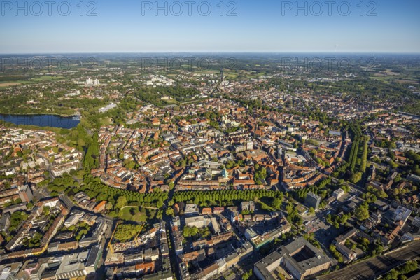 Aerial view, Old Town, Promenadenring, St Paul's Cathedral, Cathedral SquarePaulus-Dom, Domplatz, catholic Liebfrauen-Überwasserkirche, catholic St. Lamberti-Kirche, St. Martini-Kirche, Theater Münster, Münster, Münsterland, North Rhine-Westphalia, Germany, place of worship, DE, Europe, distant view, religious community, house of worship, property tax, real estate, church, church community, denomination, culture, art, aerial view, aerial photography, aerial photography, religion, theatre, overview, events, bird's eye view, residential area, living and working, living and life, residential area, residential buildings, housing estate, birds-eyes view, historic city centre, historic city centre, overview