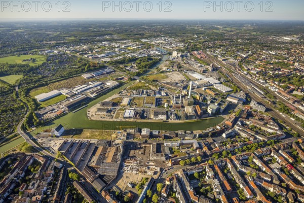 Aerial view, city harbour, Stadtwerke Münster, Münster, Münsterland, North Rhine-Westphalia, Germany, DE, Europe, commercial enterprises, commercial area, commercial location, commercial use, harbour, harbour basin, harbour area, harbour entrance, harbour overview, industrial facilities, industrial area, industrial location, Jovel Music Hall, aerial view, aerial photography, aerial photography, overview, event location, event venue, bird's eye view, bird's eye view, overview