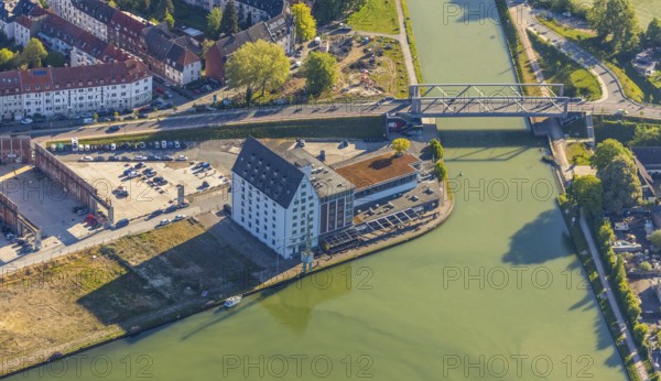 Aerial view, Schillerstraßenbrücke, Dortmund-Ems-Kanal, entrance city harbour, gastronomy trade, Münster, Münsterland, North Rhine-Westphalia, Germany, DE, Europe, commercial enterprises, commercial area, commercial location, commercial use, harbour, harbour basin, harbour area, harbour entrance, harbour overview, industrial plants, industrial area, industrial location, aerial view, aerial photography, aerial photography, overview, bird's-eye view, overview