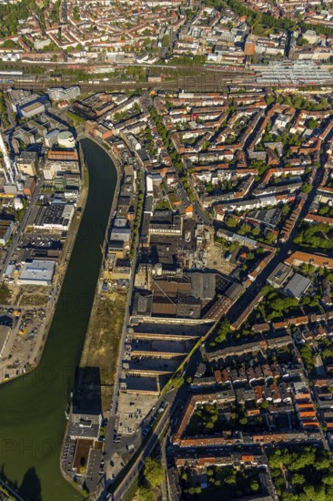 Aerial view, city harbour, construction site new office building LVM building complex, former Osmo site, Münster, Münsterland, North Rhine-Westphalia, Germany, construction work, construction area, construction site, building plots, construction project, construction site, DE, Europe, commercial enterprises, commercial area, commercial area, commercial location, commercial use, harbour, harbour basin, harbour area, harbour entrance, harbour overview, industrial facilities, industrial area, industrial location, aerial view, aerial photography, aerial photography, new construction, overview, bird's-eye view, overview