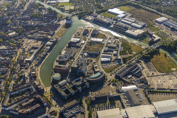 Aerial view, Stadthafen, Stadtwerke Münster, City of Münster - Stadthaus 3, Münster, Münsterland, North Rhine-Westphalia, Germany, DE, Europe, commercial enterprises, commercial area, commercial location, commercial use, harbour, harbour basin, harbour area, harbour entrance, harbour overview, industrial facilities, industrial area, industrial location, Jovel Music Hall, culture, art, aerial view, aerial photography, aerial photography, overview, event location, event venue, bird's-eye view, Wolfgang Borchert Theatre, birds-eyes view, overview