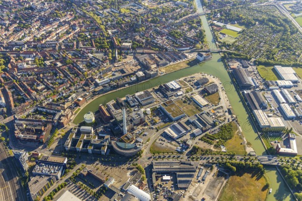 Aerial view, city harbour, Stadtwerke Münster, Münster, Münsterland, North Rhine-Westphalia, Germany, DE, Europe, commercial enterprises, commercial area, commercial location, commercial use, harbour, harbour basin, harbour area, harbour entrance, harbour overview, industrial facilities, industrial area, industrial location, Jovel Music Hall, aerial view, aerial photography, aerial photography, overview, event location, event venue, bird's eye view, bird's eye view, overview