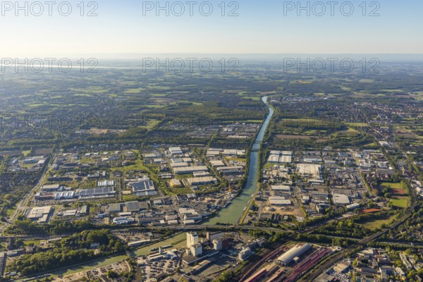 Aerial view, industrial area Loddenheide, Dortmund-Ems-Canal, euro-Express Sonderzüege GmbH, Münster, Münsterland, North Rhine-Westphalia, Germany, railway area, railway tracks, railway station, bridge B51, DE, Europe, commercial enterprises, commercial area, commercial area, commercial location, commercial use, industrial plants, industrial area, industrial location, aerial view, aerial photography, aerial photography, overview, bird's-eye view, overview