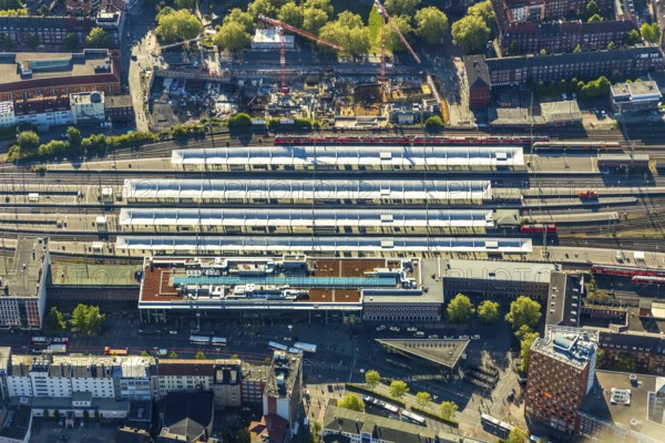 Aerial view, Münster main station, construction site residential and hotel complex, Münster, Münsterland, North Rhine-Westphalia, Germany, railway tracks, railway station, station forecourt, construction work, construction area, building site, building plots, construction project, construction site, Bremer Platz, DE, Deutsche Bahn AG, Europe, main station, central station, aerial view, aerial photography, aerial photography, new building, overview, bird's-eye view, overview