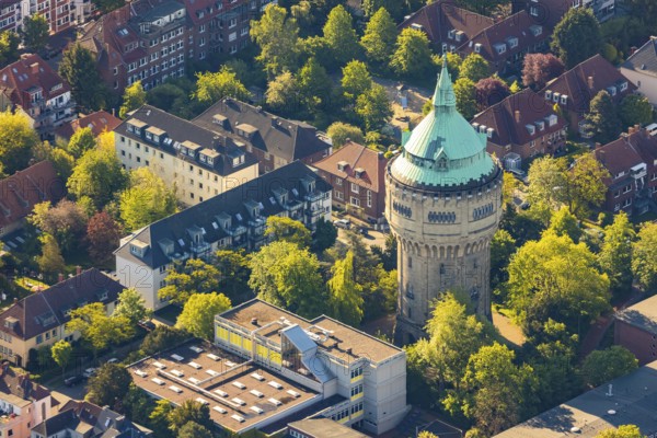 Aerial view, water tower Münster-Geistviertel, Münster, Münsterland, North Rhine-Westphalia, Germany, DE, Europe, aerial view, aerial photography, aerial photography, sight, Stadtwerke Münster, tower, overview, bird's eye view, water tower, water tower Auf Der Geist, birds-eyes view, overview