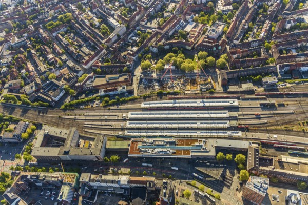 Aerial view, Münster main station, construction site residential and hotel complex, Münster, Münsterland, North Rhine-Westphalia, Germany, railway tracks, railway station, station forecourt, construction work, construction area, building site, building plots, construction project, construction site, Bremer Platz, DE, Deutsche Bahn AG, Europe, main station, central station, aerial view, aerial photography, aerial photography, new building, overview, bird's-eye view, overview