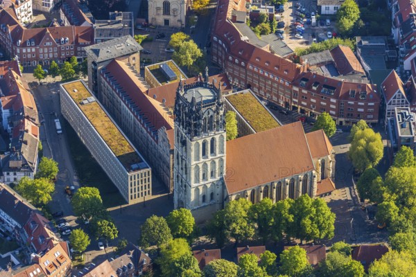 Aerial view, catholic Liebfrauen-Überwasserkirche, diocesan library Münster, Überwasserkirchplatz, Münster, Münsterland, North Rhine-Westphalia, Germany, old town, place of worship, DE, Europe, religious community, place of worship, church, parish, denomination, aerial view, aerial photography, aerial photography, religion, overview, bird's-eye view, historical city centre, overview