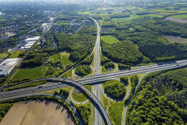 Aerial view, motorway junction Münster-Süd, motorway A1, motorway A43, Münster, Münsterland, North Rhine-Westphalia, Germany, motorway, motorway bridge, motorway junction, greening, DE, Europe, shapes and colours, freight traffic, landscape forms, aerial view, aerial photography, aerial photography, road traffic, overview, traffic, traffic volume, bird's-eye view, forest area, meadows and fields, birds-eyes view, overview