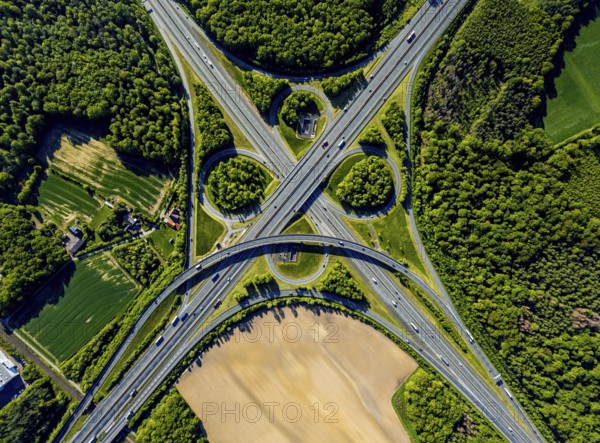 Aerial view, motorway junction Münster-Süd, motorway A1, motorway A43, Münster, Münsterland, North Rhine-Westphalia, Germany, motorway, motorway bridge, motorway junction, greening, DE, Europe, shapes and colours, freight traffic, landscape forms, aerial view, aerial photography, aerial photography, road traffic, overview, traffic, traffic volume, bird's-eye view, forest area, meadows and fields, birds-eyes view, overview