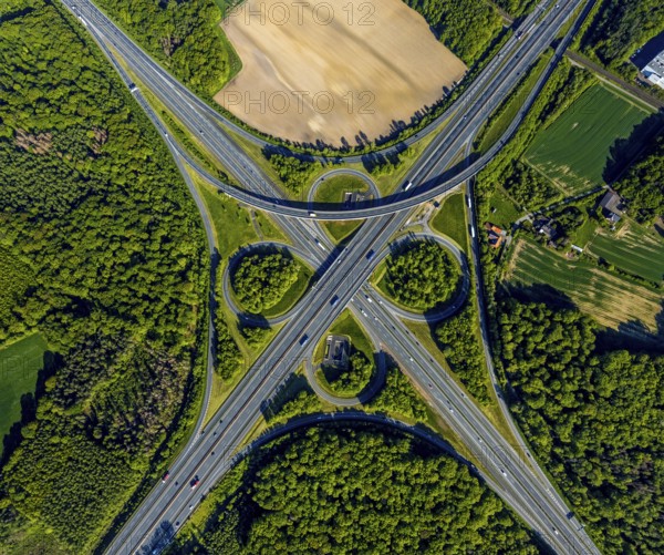 Aerial view, motorway junction Münster-Süd, motorway A1, motorway A43, Münster, Münsterland, North Rhine-Westphalia, Germany, motorway, motorway bridge, motorway junction, greening, DE, Europe, shapes and colours, freight traffic, landscape forms, aerial view, aerial photography, aerial photography, road traffic, overview, traffic, traffic volume, bird's-eye view, forest area, meadows and fields, birds-eyes view, overview