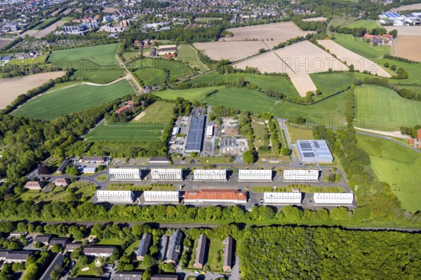 Aerial view, Speicherstadt Münster, An den Speichern, office and communication centre, LWL-Archäologie für Westfalen, Studieninstitut Westfalen-Lippe Fachbereich Fortbildung, Städtischer Bauhof, Münster, Münsterland, North Rhine-Westphalia, Germany, DE, Europe, commercial enterprises, commercial area, commercial park, commercial location, commercial use, aerial view, aerial photography, aerial photography, Speicher 10 event location, overview, bird's eye view, birds-eyes view, overview