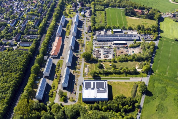 Aerial view, Speicherstadt Münster, An den Speichern, office and communication centre, LWL-Archäologie für Westfalen, Studieninstitut Westfalen-Lippe Fachbereich Fortbildung, Städtischer Bauhof, Münster, Münsterland, North Rhine-Westphalia, Germany, DE, Europe, commercial enterprises, commercial area, commercial park, commercial location, commercial use, aerial view, aerial photography, aerial photography, Speicher 10 event location, overview, bird's eye view, birds-eyes view, overview