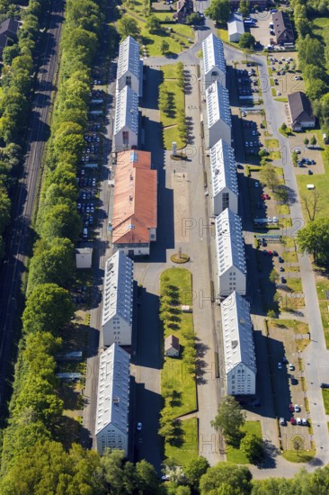 Aerial view, Speicherstadt Münster, An den Speichern, office and communication centre, LWL-Archäologie für Westfalen, Studieninstitut Westfalen-Lippe Fachbereich FortbildungMünster, Münsterland, North Rhine-Westphalia, Germany, DE, Europe, commercial enterprises, commercial area, commercial park, commercial location, commercial use, aerial view, aerial photography, aerial photography, Münster, Speicher 10 event location, overview, bird's-eye view, overview