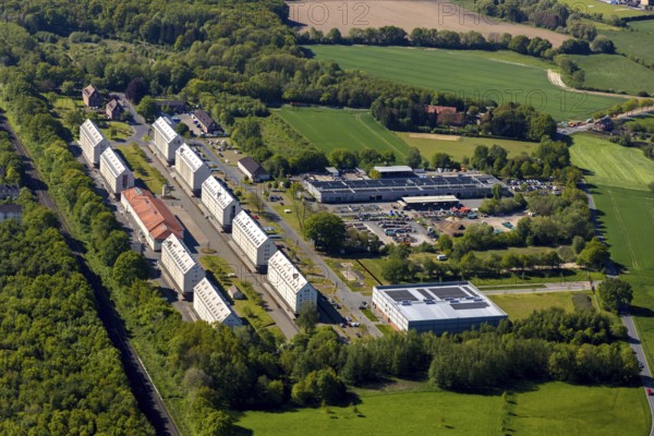 Aerial view, Speicherstadt Münster, An den Speichern, office and communication centre, LWL-Archäologie für Westfalen, Studieninstitut Westfalen-Lippe Fachbereich Fortbildung, Städtischer Bauhof, Münster, Münsterland, North Rhine-Westphalia, Germany, DE, Europe, commercial enterprises, commercial area, commercial park, commercial location, commercial use, aerial view, aerial photography, aerial photography, Speicher 10 event location, overview, bird's eye view, birds-eyes view, overview