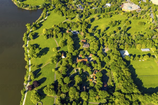 Aerial photograph, Mühlenhof open-air museum Münster, concrete rings artwork, Münster, Münsterland, North Rhine-Westphalia, Germany, exhibitions, DE, Donald Judd sculptor, Europe, open-air museum, culture, art, artwork, aerial photograph, aerial photography, aerial photography, museum, park, sculptures, overview, bird's-eye view, birds-eyes view, artisanal culture, overview