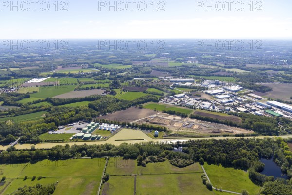 Aerial view, construction site at Westfalen Tanklager- und Transportgesellschaft, Dortmund-Ems-Kanal, Hessenweg industrial estate, Münster, Münsterland, North Rhine-Westphalia, Germany, construction work, construction area, construction site, building land, construction project, construction site, DE, Europe, commercial enterprises, commercial area, commercial site, commercial use, Hessenweg, industrial plants, industrial area, industrial site, aerial photograph, aerial photography, aerial photography, overview, bird's eye view, bird's eye view, overview