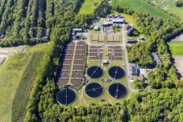Aerial view, main sewage treatment plant Coerde, Münster, Münsterland, North Rhine-Westphalia, Germany, DE, Europe, sewage treatment plant, aerial view, aerial photography, aerial photography, civil engineering office of the city of Münster, overview, bird's-eye view, overview