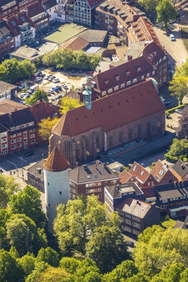 Aerial view, Protestant University Church, Buddenturm, Münster, Münsterland, North Rhine-Westphalia, Germany, place of worship, DE, Europe, religious community, place of worship, church, parish, denomination, aerial view, aerial photography, aerial photography, powder defence tower, religion, overview, bird's-eye view, defence tower, birds-eyes view, former city fortification, overview